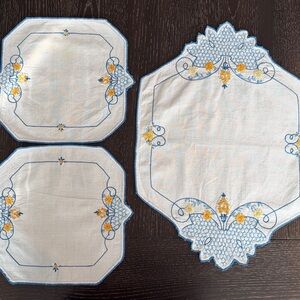 Vintage Doily Set Hand Embroidered Blue & Yellow Flowers on White Cotton